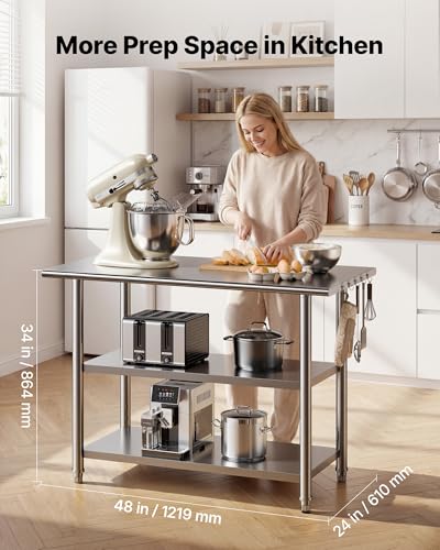 VEVOR 24x48 Stainless Steel Work Table – Heavy Duty Food Prep Table with 2 Shelves