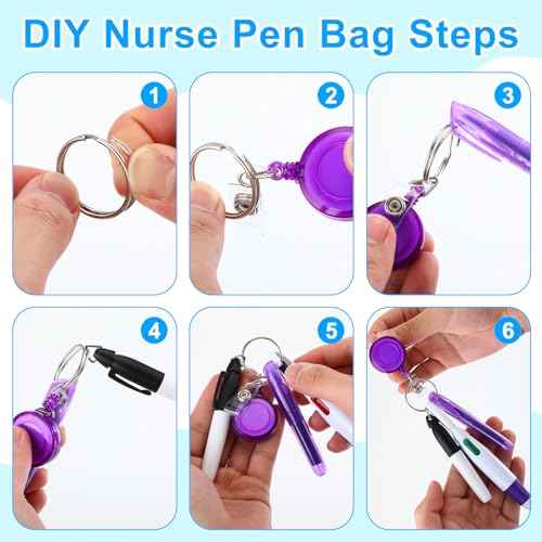 Fulmoon 150 Pcs Nurse Pen Set 30 Retractable Nursing Badge Reel 30 Ballpoint Pens 30 Mini Highlighter 30 Permanent Marker Pen 30 Metal Open Circles for Christmas Gift (Classic Color)