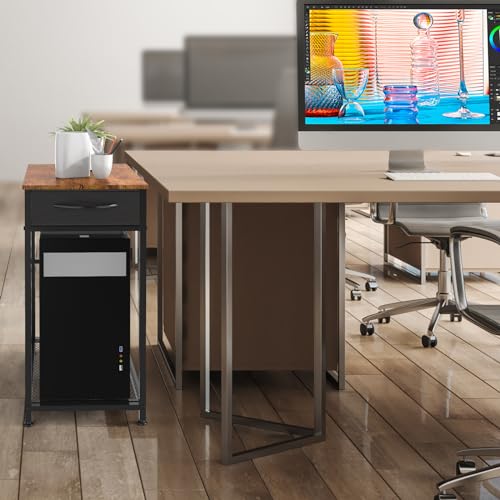 Computer Tower Stand PC Tower Stand with Storage Drawer 2 Tier Wood Rolling CPU Holder Stand Mobile Printer Cart on Wheels for Home Office, Industiral Brown and Black