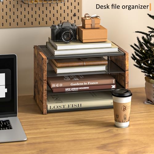 3-Tier Paper Letter Tray, Wooden Desk File Organizer, Stackable Metal Mesh Desk Organizer for Office Supplies. Small Paper Trays for Home Office School, Rustic Brown
