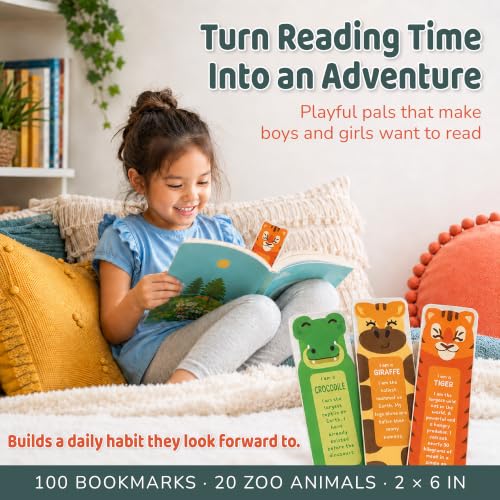Zoo Animal Bookmarks for Kids - 100 Pack, 2x6 Inches, Multiple Designs - Educational Reading Incentives