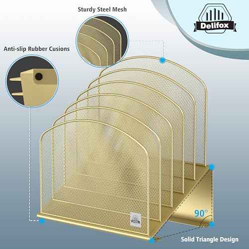 Inclined Desk File Organizer, 5-Section Vertical File Folder Holder Stand Metal Rack File Sorter for Office Classroom Desktop Organization (Gold, 1Pack)