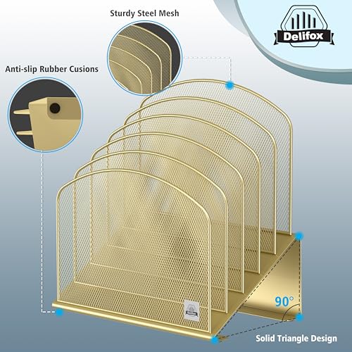 Delifox Gold Inclined Desk File Organizer, 5 Compartments, Office Desktop Storage