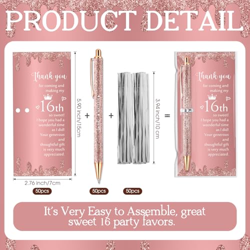 25 Sets Sweet 16th Birthday Party Favors for Guests, Include Sweet Sixteen Glitter Ballpoint Pens with Thank You Cards, Thank You for Coming to My 16 Years Birthday Party Supplies (Classic)
