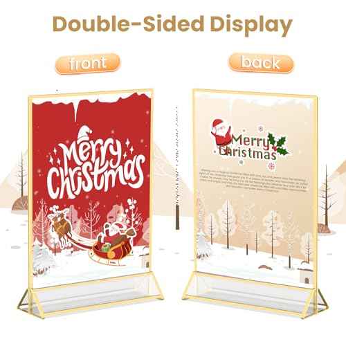Gold Frames 5X7 Acrylic Sign Holder Double-Sided Tabletop Picture Frames for Menu, Wedding Table Number, Christmas Photos - 12 Pack With Removable Sticky Dots