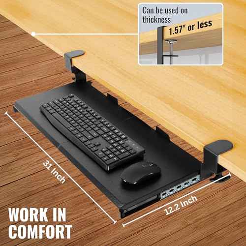 Keyboard Tray Under Desk Slide Out ? Large 27" (31" Wide with Clamps) Computer Drawer Pull Out with Sturdy C-Clamp Mount, Ergonomic Keyboard Holder Under Desk Tray, Black