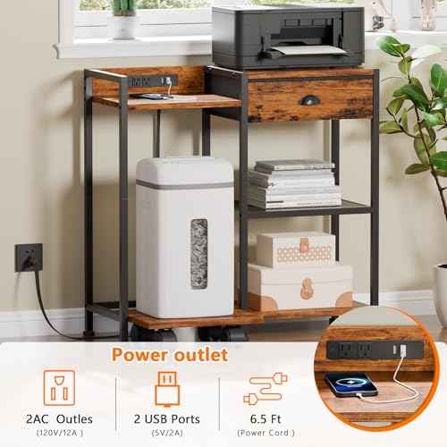 Furologee Printer Stand with Storage Drawer,Printer Table with Charging Station and USB Port,Industrial 3 Tier Shelf, Shredder Stand with Wheels,for Home Office,Rustic Brown
