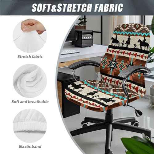 Aztec Cactus Print Office Chair Cover with Armrest Covers, Western Cowboy Printed Office Chair Slipcovers with Button, Elastic High Back Chairs Slipcover, L