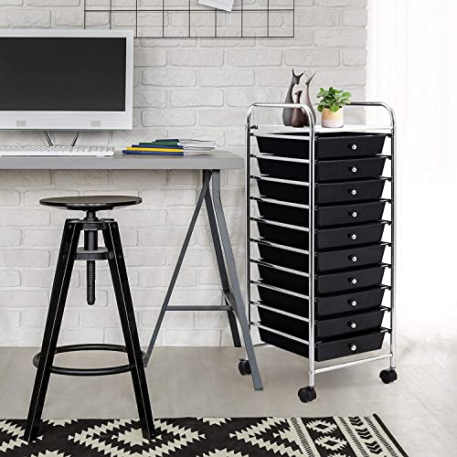 FUTADA 10-Drawer Rolling Storage Cart, Mobile Utility Cart, Multipurpose Storage Organizer with Lockable Casters (Black)