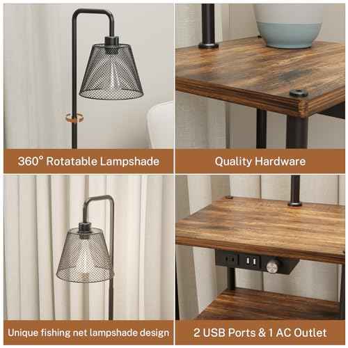 Floor Lamp with Table,Foor Lamp with Shelves,Side Table with USB Charging Port and Outlet,Modern Bedside Nightstand End Table with Lamp for Living Room,Bedroom,Guest Room,Bulb Included