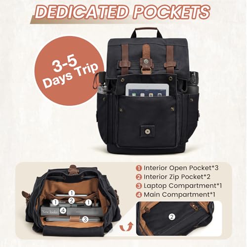 Kattee Men¡¯s Leather Canvas Backpack Large School Bag Travel Rucksack Black