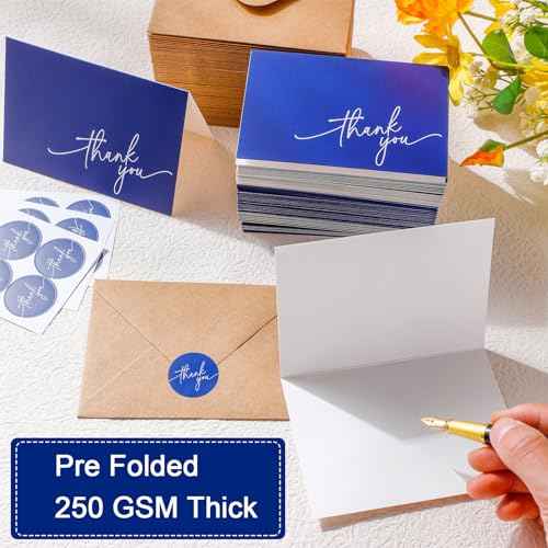 Gueevin 200 Pcs Thank You Cards with Kraft Envelopes and Stickers Bulk, 3.5 x 5 Inch Classy Blank Thank You Notes for Wedding, Business, Graduation, Baby Shower, Bridal Shower, Funeral(Navy Blue)