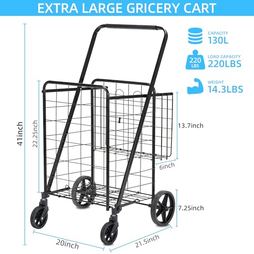 HABUTWAY Grocery Cart on Wheels with Removable Liner, Folding Shopping Cart,Heavy Duty Shopping Carts for Groceries,360¡Æ Rolling Laundry Cart,Lightweight Trolley for Seniors 220lb Capacity Black