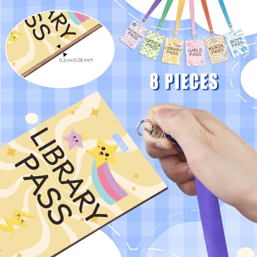 Chambom 8 Sets Classroom Hall Passes with Lanyards - Unbreakable Wooden Student Passes for Bathroom, Library, Nurse, Office, Classroom Supplies
