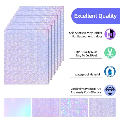36 Sheets Holographic Sticker Paper - Clear Self-Adhesive Vinyl with Gem, Dot, Star, Colorful Patterns
