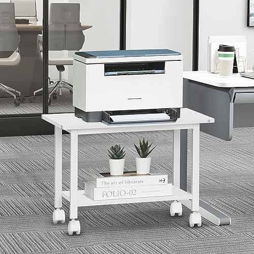 Lerliuo Under Desk Printer Stand, 2-Tier Industrial Mobile Printer Table with Storage Shelf and Steel Frame, Rolling Printer Cart Holder with Lockable Wheels for Home, Office (White)