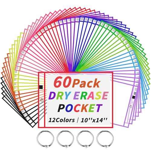 60 Packs Dry-Erase Pockets Bulk Oversized Reusable Dry Erase Pocket Sleeves with 4 Rings, 12 Assorted Colors 10x14 Ticket Holders, Clear Plastic Sheet Protectors, Teacher School Classroom Supplies