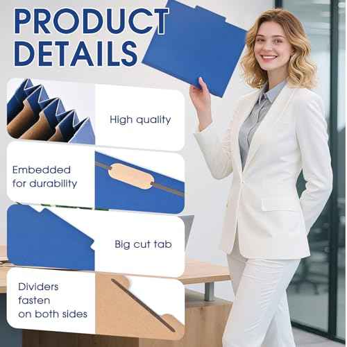 Cesil Pressboard Classification File Folders, 12pcs 3 Dividers Blue File Folders Letter Size with 2 Prongs Fastener, Heavy Duty Office File Organizer for Teacher School Medical Employee File Folers