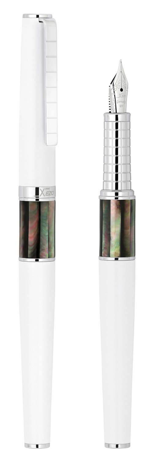Xezo Speed Master Fountain Pen, Extra Fine Nib. Matte White with Tahitian Black Mother of Pearl. Chrome Plated. Lightweight Brass Body. No Two Alike. Etched With a Serial Number