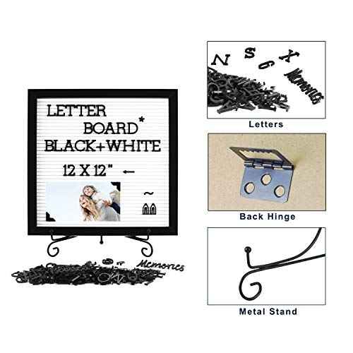 NewZeal Letter Board Sign 12x12 inches Baby Announcement Board Plastic Message Board with Stand, Changeable Letter Boards with Black Characters & Photo Clips for Display (Black & White)