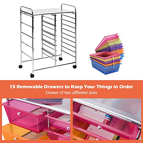 GOFLAME Rainbow 15-Drawer Rolling Storage Cart with Removable Drawers & Lockable Wheels