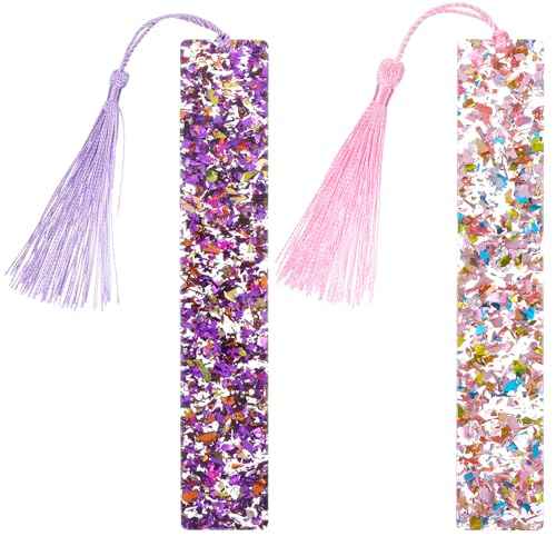 2 Pcs Bookmarks for Girls, Glitter Resin Bookmarks Transparent Kids Art Bookmark with Colorful Silk Tassels for Women Girls Book Lovers Reading Presents