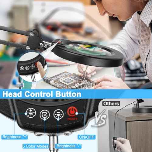 10X Magnifying Glass with Light and Clamp, Real Glass Stand Lighted Magnifier, 5 Color Modes Stepless Dimmable LED Desk Lamp Hands Free for Crafts Hobby Reading Painting Sewing Close Work