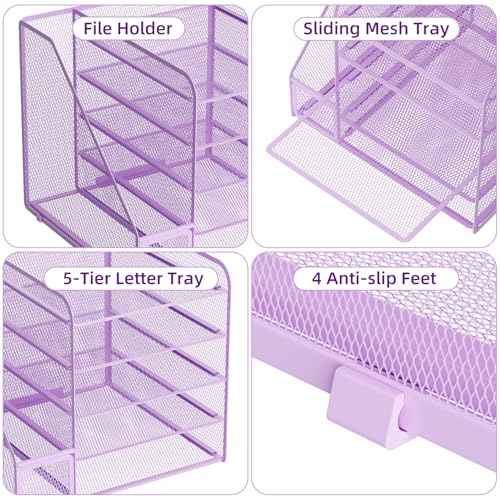 Marbrasse Desk Organizers and Accessories, 5-Tier Paper Letter Tray Organizer with File Holder, Mesh File Organizer, Office Desk Accessories & Organization for Supplies (Purple)