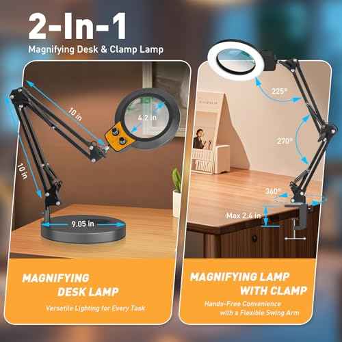 12X Magnifying Glass with Light and Stand, Infinite Color Modes & Stepless Brightness LED Magnifying Lamp with Clamp, 2-in-1 Hands Free Lighted Magnifier for Craft Reading Painting Hobby Close Work