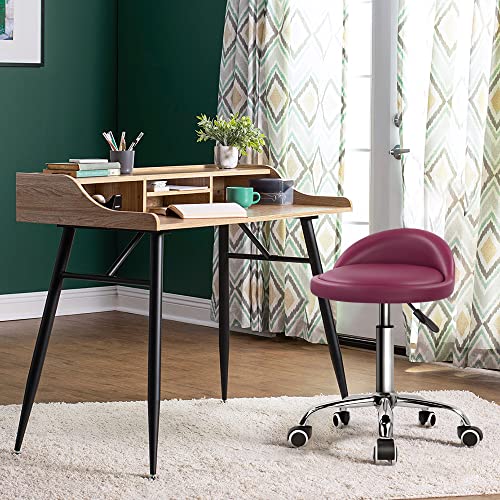 KKTONER PU Leather Round Rolling Stool with Back Rest Height Adjustable Swivel Drafting Work SPA Medical Task Chair with Wheels (Rose red)