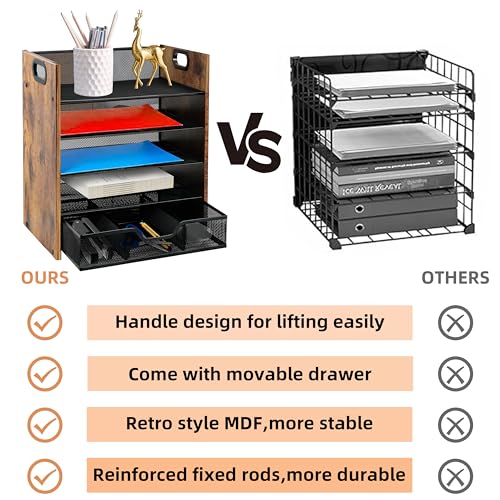 Wood Desk Organizer - 5-Tier Desktop File Organizer with Drawer, Wooden Paper Tray, Office Desk Organzier and Accessories for Papers, Mail, Notebooks, Stationery