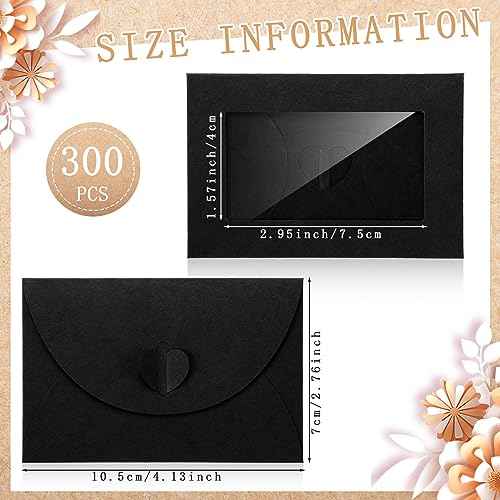 Uiifan 300 Pcs Window Gift Card Envelopes 4 x 2.8 Inch Gift Card Sleeves Mini Envelopes with Heart Shaped Clasp for Business Party Greeting Invitation(Black)
