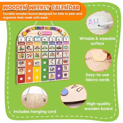 Wooden Weekly Calendar for Kids, Kids Weekly Planner, Large Week's Routine 15x16 inch 194 Cards, Daily Weekly Routine for Boys Girls Age 3+
