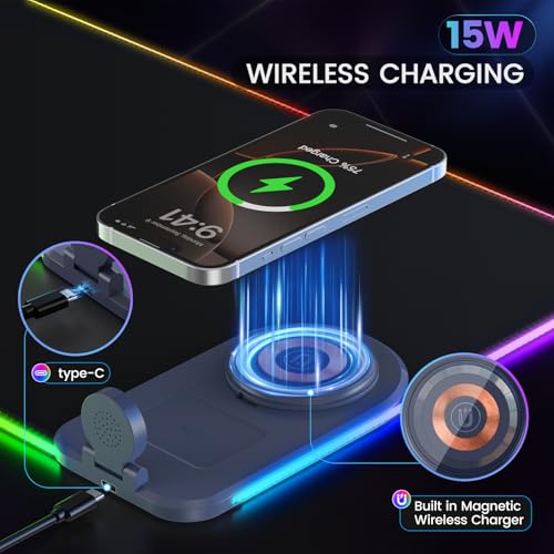 15W Wireless Charging Mouse Pad with Phone Holder&20W Power Adapter, RGB Gaming Mouse Pad, 15 Lights Mode 31.5"x15.75" XXL Large Desk Pad,Ultra-Smooth Surface,Non-Slip Rubber Base