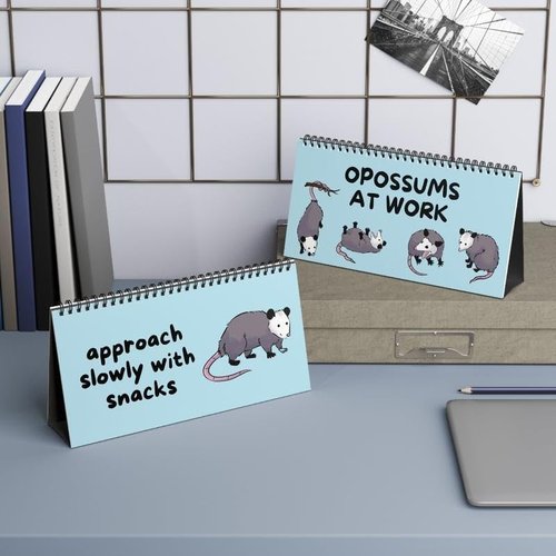 Opossums At Work Desk Sign - Funny 12-Page Spiral Flip Stand | 10x5 Inch Professional Mood Display