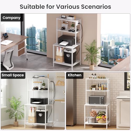 Printer Stand with Charging Station, 49"Tall 4-Tier printer Stand with Storage, Large Printer Table for Home Office, Kitchen, Living Room, PrinterCart Beside Desk for Printer, Scanner (White)