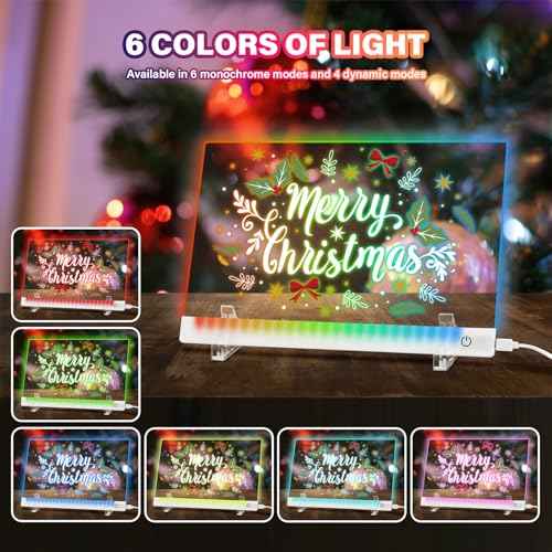 Led Note Board with 6 Colors, 11.8X7.9in Acrylic Dry Erase Boards with Light, 4 Modes &Touch Control Led Writing Board with 7 Marker Pen, Light-Up Drawing Boards with Stand for Office