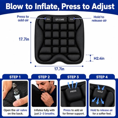 Qticare Air-Cell Travel Cushion XL Black – Inflatable Airplane Seat Pad with Built-in Pump