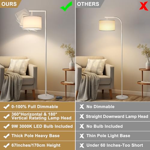 Boncoo Floor Lamps White Floor Lamp for Bedroom, LED Dimmable Floor Lamp Arc with Adjustable Silk Shade, Modern Standing Lamp for Living Room Office Study Room, 9W Bulb Included