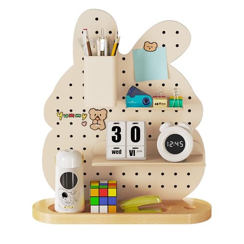 Solid wood base perforated board desk rack desktop shelf with perforated board hook set stationery art supplies storage suitable for office dormitory home desk storage rack (rabbit style 1 piece)