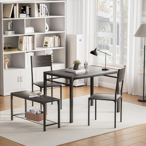 YESHOMY Grey 4-Piece Kitchen Table & Chairs Set with Storage Bench