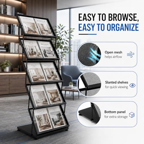 Foldable Floor Standing Magazine & Brochure Display Rack with Wheels, 5 Tiers