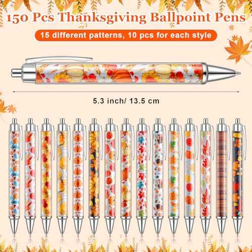 150 Pcs Thanksgiving Ballpoint Pens Bulk Fall Themed Pen 0.5 mm Autumn Maple Leaf Pumpkin Harvest Style Retractable Black Ink Pens Thanksgiving Party Favor Pen for Kid School Office Supplies