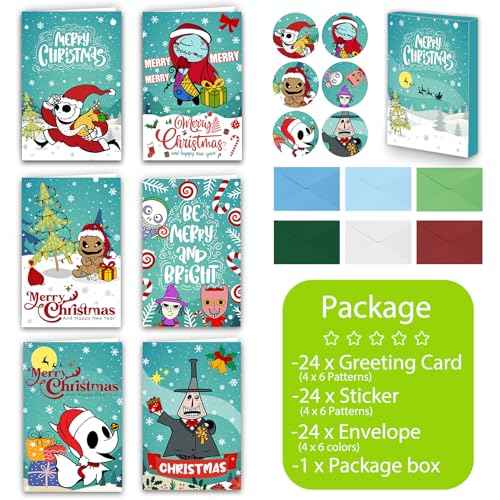 Christmas Cards - Set of 24 Christmas Cards Boxed with Envelopes and Stickers, 6 Assorted Designs Jack Sally Holiday Letter, 6 x 4 Inch Cute Xmas Nightmare Greeting Gift Letter Bulk Before