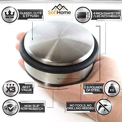 Stainless Steel Door Stopper (3 Pack) 4"x1.85"? Premium SofiHome Top Durability Door Stops with Silica Gel Treads ? Stylish Decorative Heavy Duty Door Stop for Floor & Wall Safety