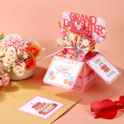 Happy Birthday Pop Up Card for Granddaughter, Colorful Balloons & Fireworks 3D Birthday Card with Envelope Creative Gift for Grand-Daughter from Grandparents