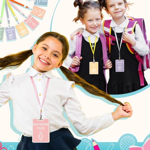 Sabary 6 Sets Hall Pass Lanyards and School Passes Set Unbreakable Wooden Bathroom Passes for Classrooms Hall, Restroom, Library, Office and Nurse School Teacher Supplies Gift(Light Color)