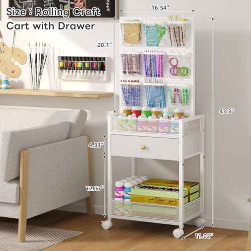 5-Tier Craft Rolling Cart, Craft Organizers and Storage with 18-Pocket, Utility Cart with Drawer & Lockable Wheels, Art & Craft Supply Organizer for Kids' & Adults'Studio, Bedroom (White)