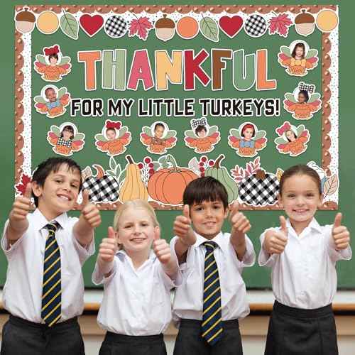 Thanksgiving Turkey Bulletin Board Set Fall Photo DIY Turkey Classroom Decorations Thankful for Our Little Turkeys Cutouts Autumn Leaves Pumpkin Borders for Door School Home Thanksgiving Wall Decor