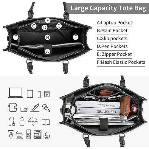 Laptop Bag for Women 15.6 Inch Tote Waterproof Leather Computer Business Lightweight Office Briefcase Large Capacity Handbag Shoulder Black